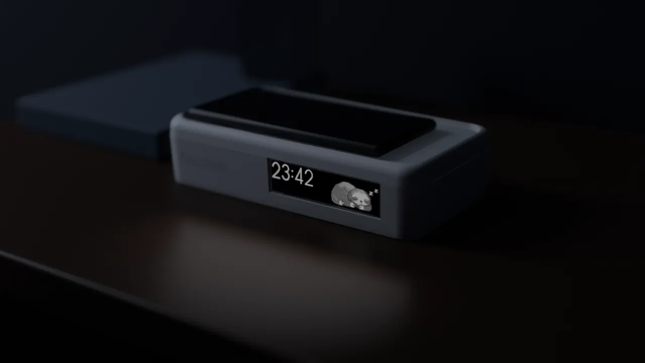 Design render of the Snubblz dock on a nightstand at night, the clock on the left of its screen and the sloth on the right